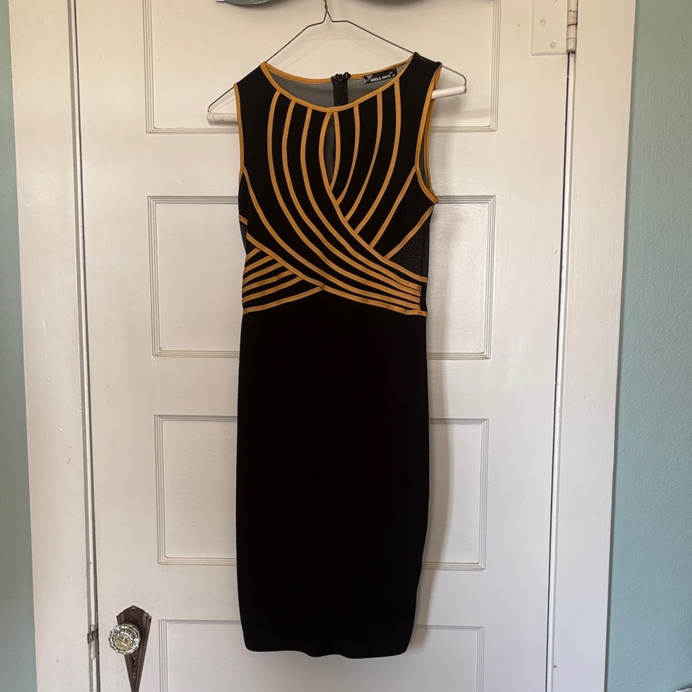 Miss Moi Sleeveless Black Dress with Gold Trim - Elegant Bodycon Size M
